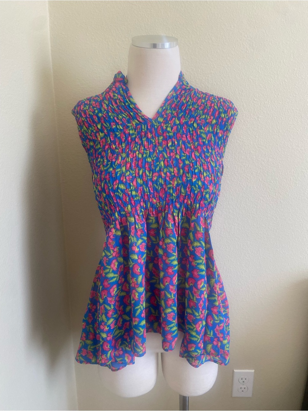 Rose & Olive Smocked V-Neck Floral Tunic in Blue, Pink, and Green